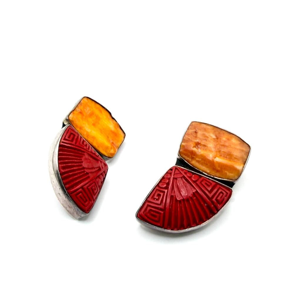 Vintage 90s Amy Kahn Russell Stamped Sterling Cinnabar Spiny Oyster Earrings